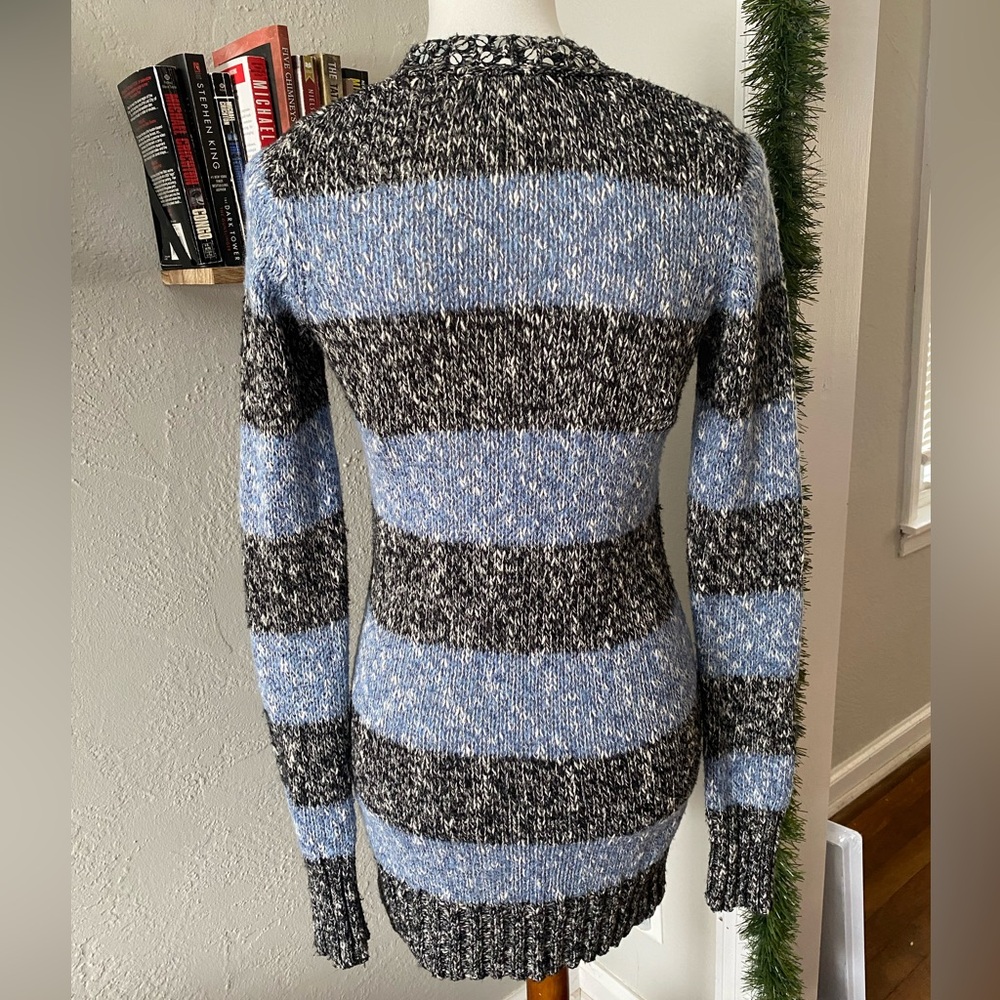 Vtg Y2K Mudd Blue Black Striped Sequin Long Knit Grandpa Dark Academia Cardigan - Picture 5 of 8